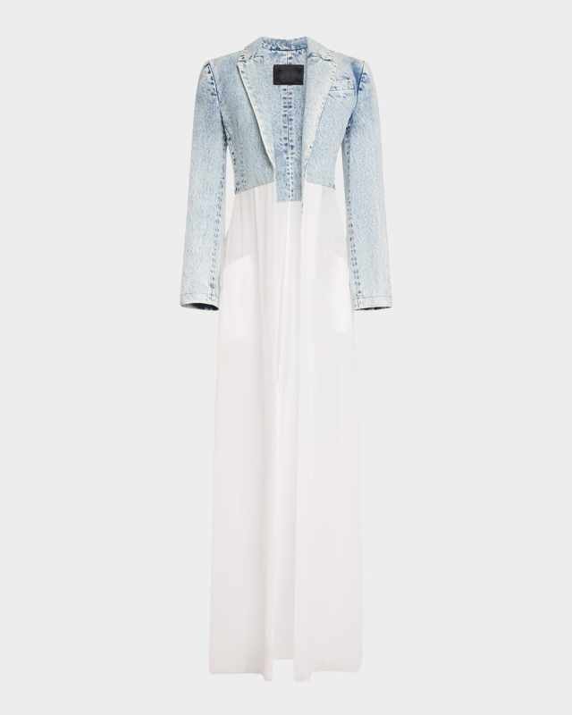 Mixed-Media Denim Long Jacket